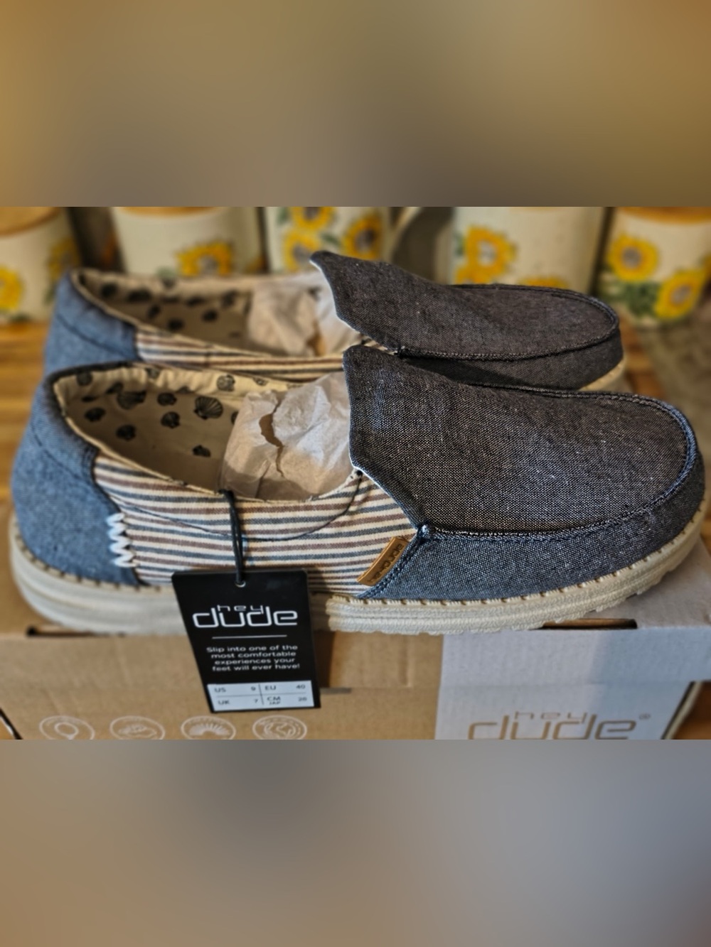 Hey Dude Women’s Slip-On Moccasins in Charcoal and Cream Stripe